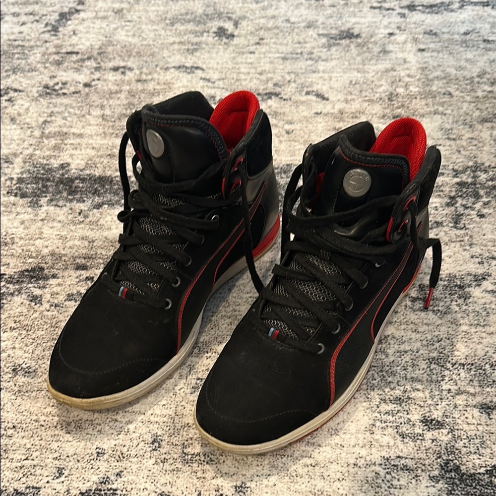 Puma BMW Black and Red Hi-Top Sneakers—Size 10